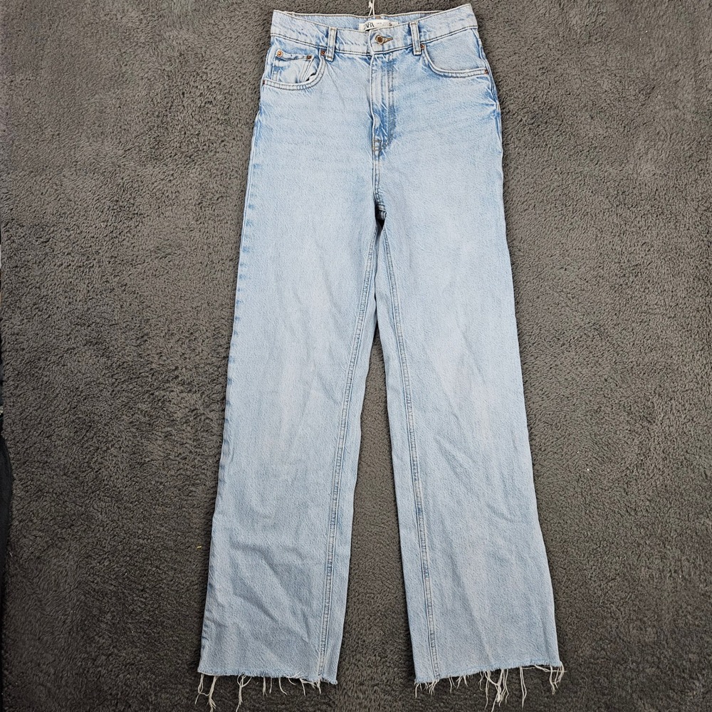 Zara The 90s Full Length Jeans Womens 4 Light Wash High Rise Wide Leg Distressed